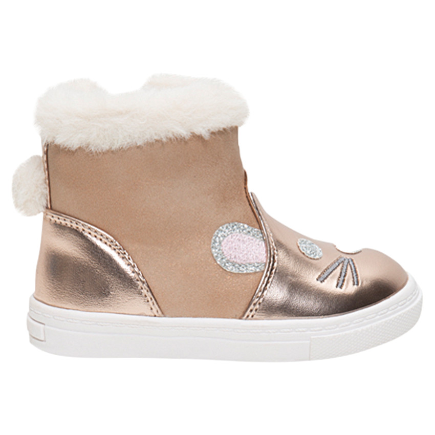 Halfhoge laarzen uit twee materialen met diermotief en namaakbont en bovenaan 