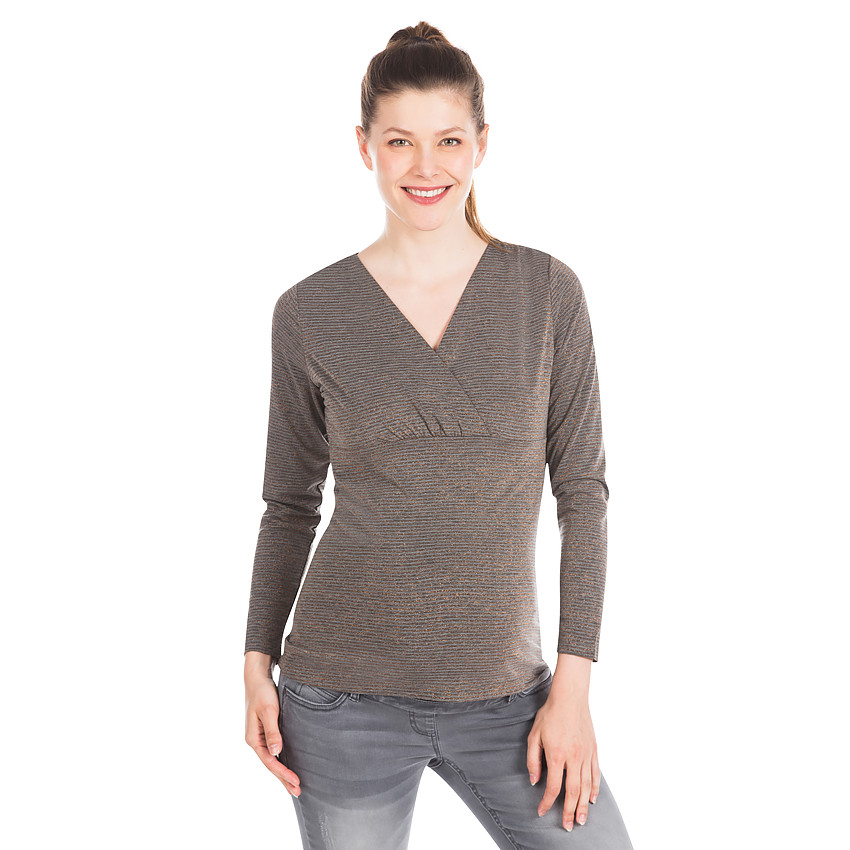 Lange mouwen zwangerschapsshirt met micro-strepen en koperkleurig lurex 