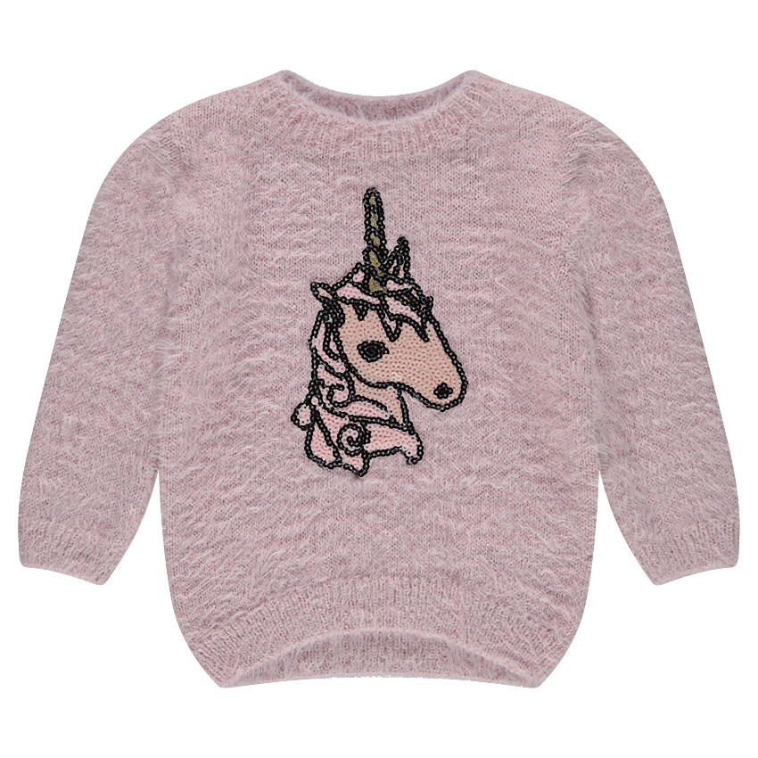 Pull en tricot effet poil avec licorne en sequins 