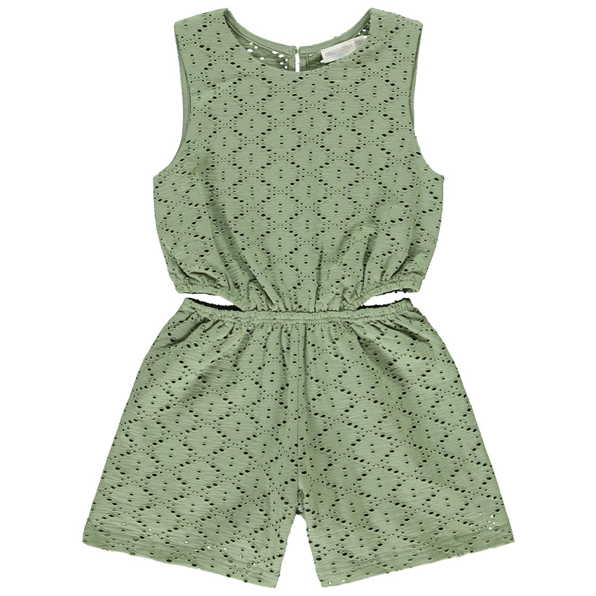 Korte jumpsuit in jacquard fantasie met opengewerkte details voor meisjes 