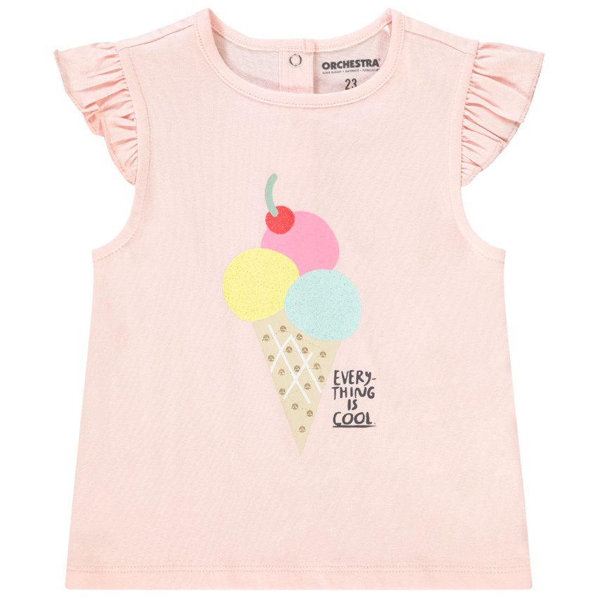 T-shirt met korte mouwen met ruches in jersey met print voor baby meisje 