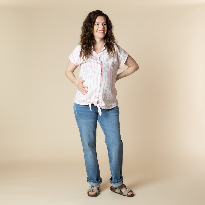 Chemise manches courtes de grossesse et d'allaitement rayée à nouer 