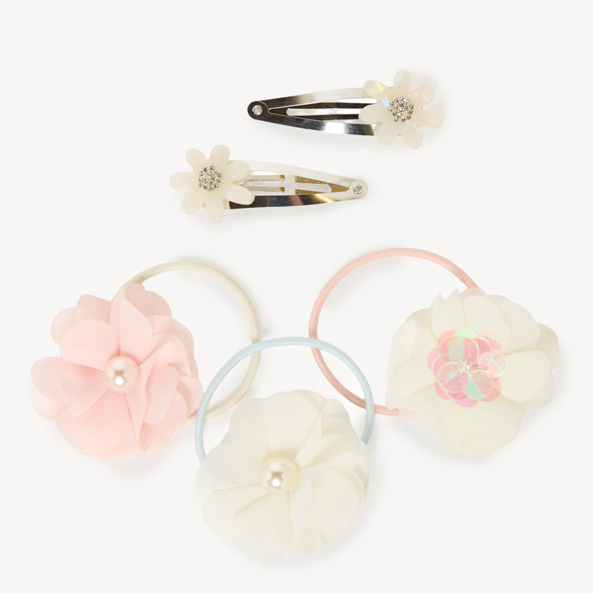 Set van 2 haarspelden en 3 elastiekjes met bloemen voor meisjes 