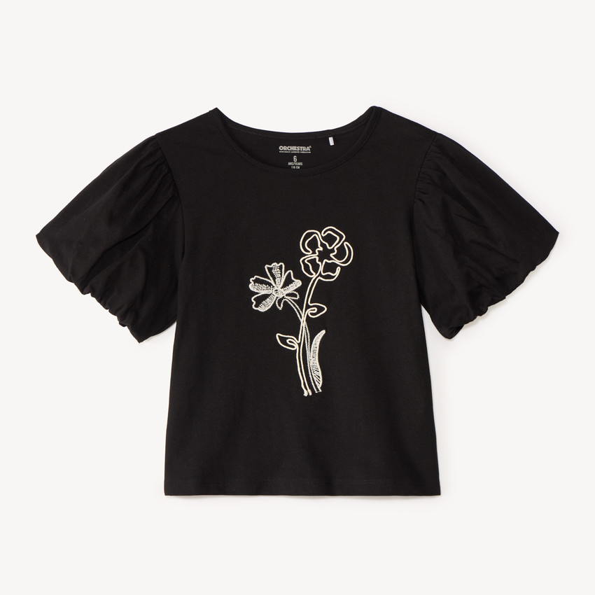 T-shirt manches courtes fille fleurs en cording 