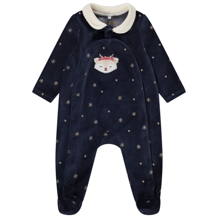 Dors-bien en velours imprimé flocons pour bébé fille avec ouvertures différentes selon l'âge 