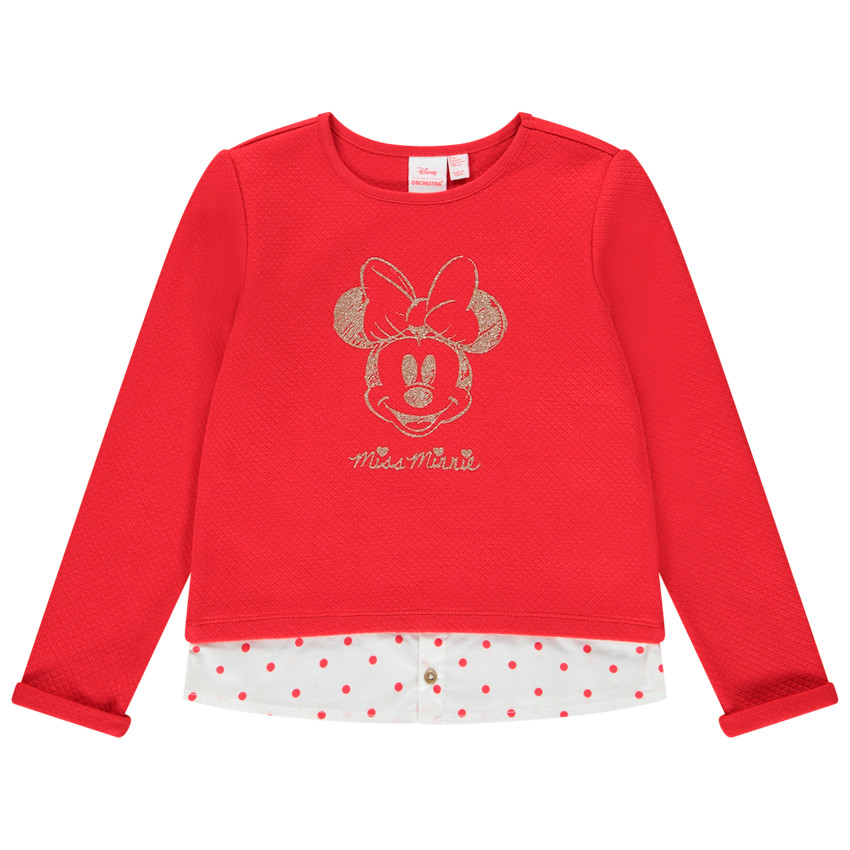 Sweater van molton uit twee stoffen met 2-in-1-effect en glitterprint Minnie Disney 