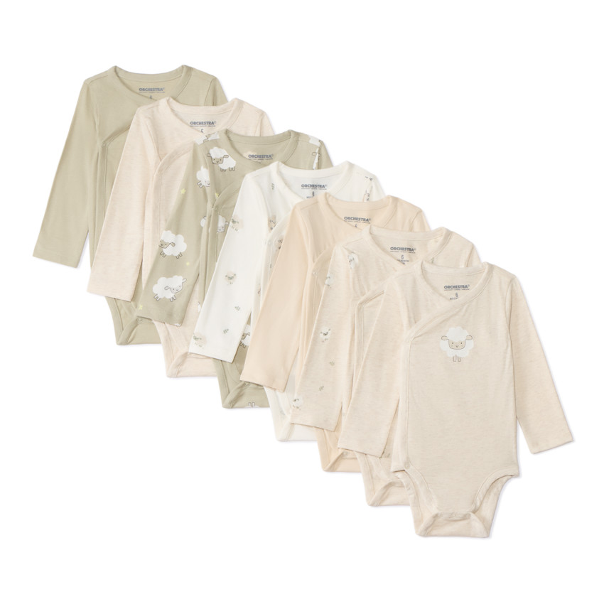 Lot de 7 bodies manches longues fantaisie pour bébé avec ouvertures différentes selon l'âge 