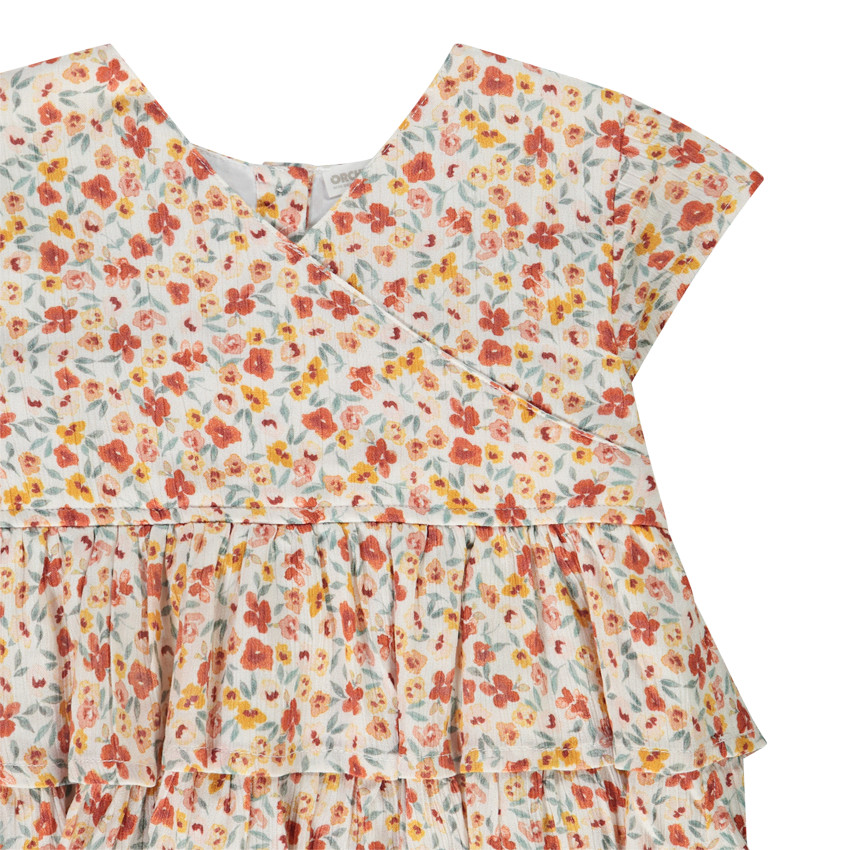 Tuniek met volant in crêpe, korte mouwen, bloemenprint voor meisjes 