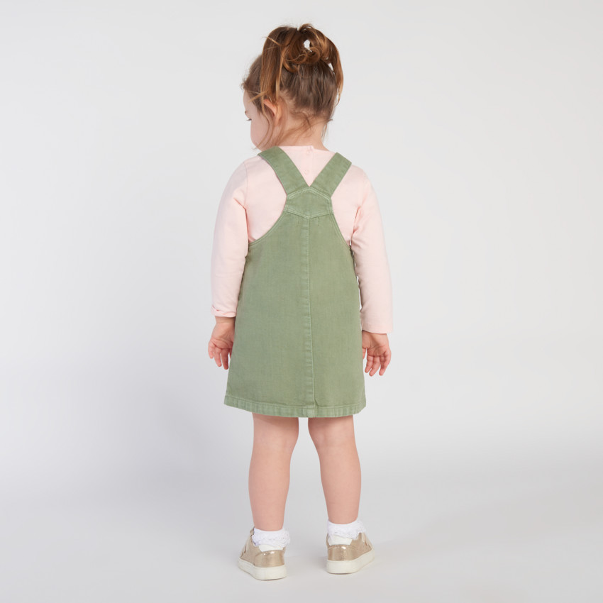 Robe salopette uni en denim kaki à poches pour bébé fille 