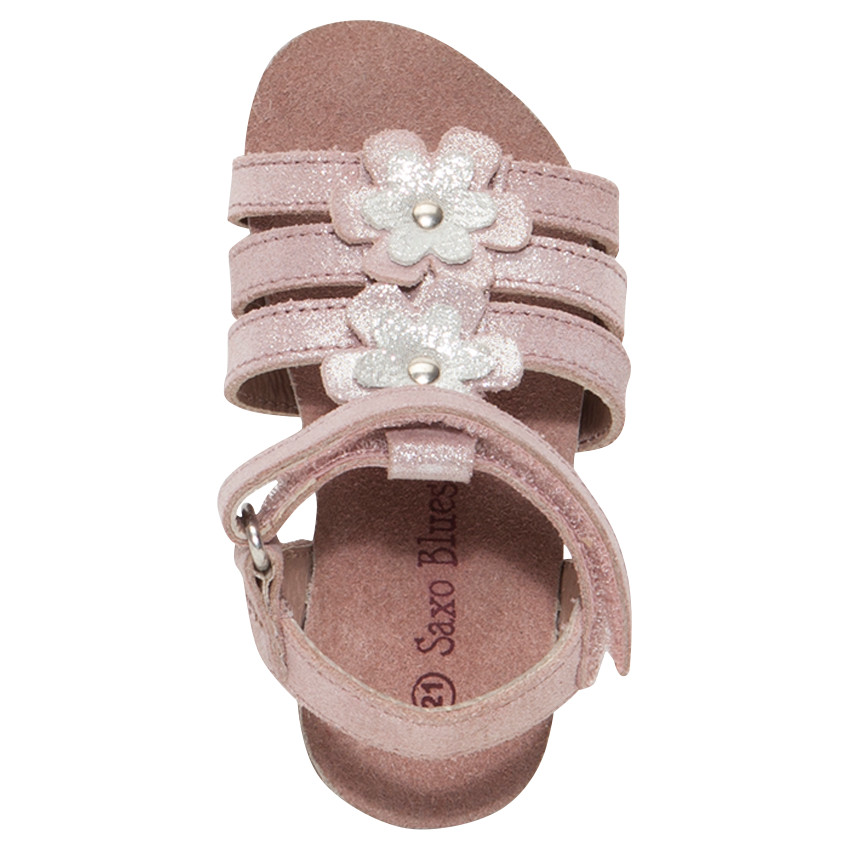 Nu-pieds en cuir rose pailleté avec patchs fleurs 