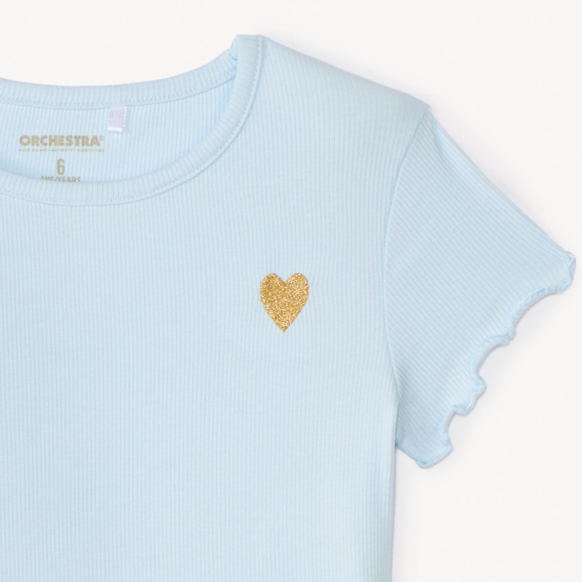 T-shirt manches courtes côtelé à cœur brodé pour fille 