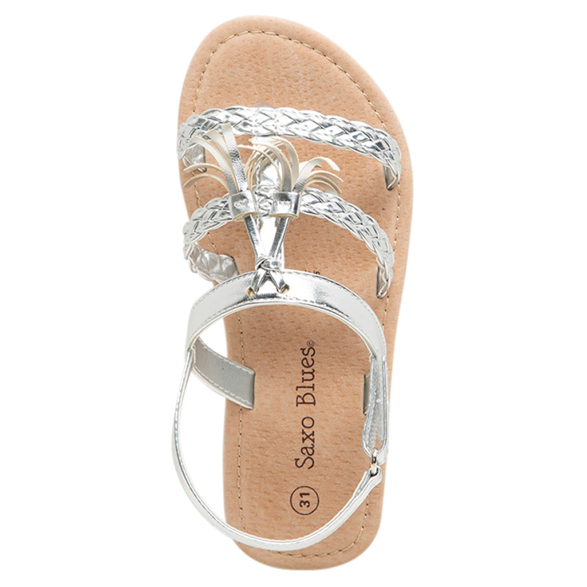 Zilveren sandalen met gevlochten riempjes en pompon 