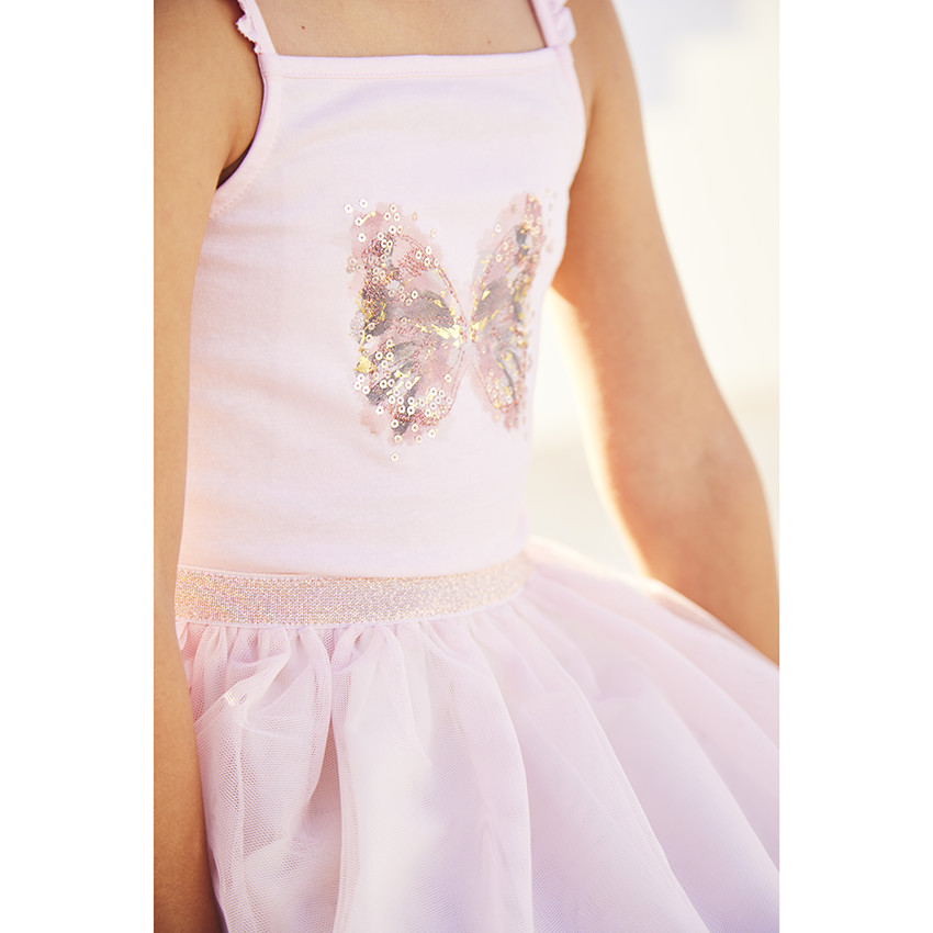 Jurk met bretellen 2-in-1 effect met vlinderprint in pailletten voor meisjes 