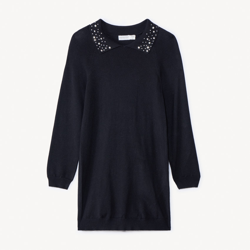 Robe unie en tricot et col claudine à strass pour fille  