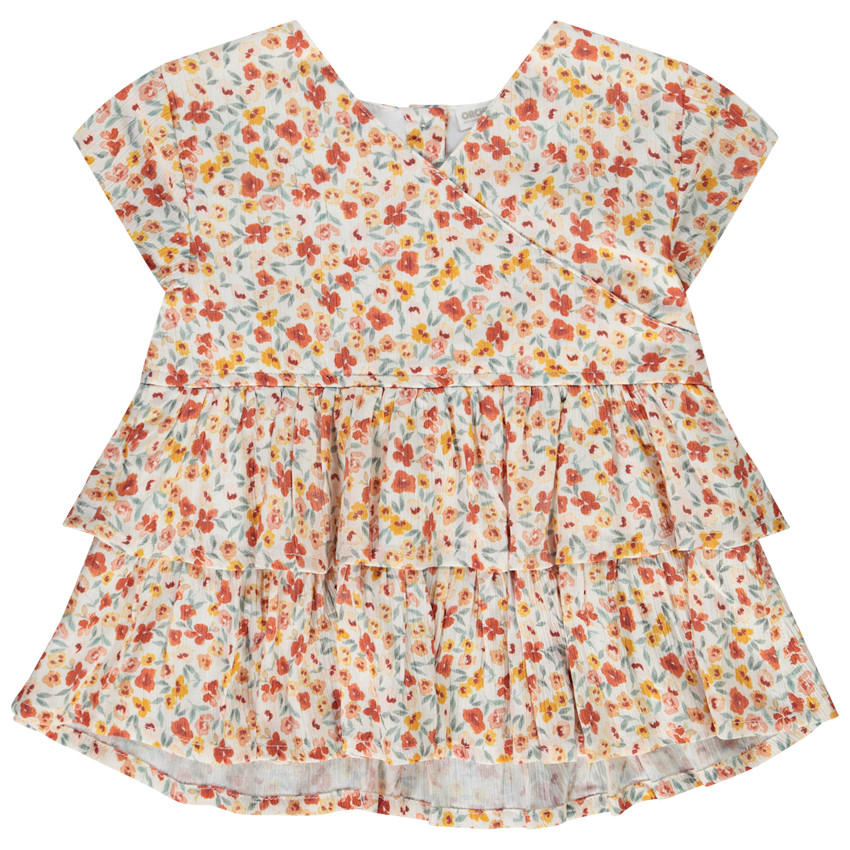 Tuniek met volant in crêpe, korte mouwen, bloemenprint voor meisjes 