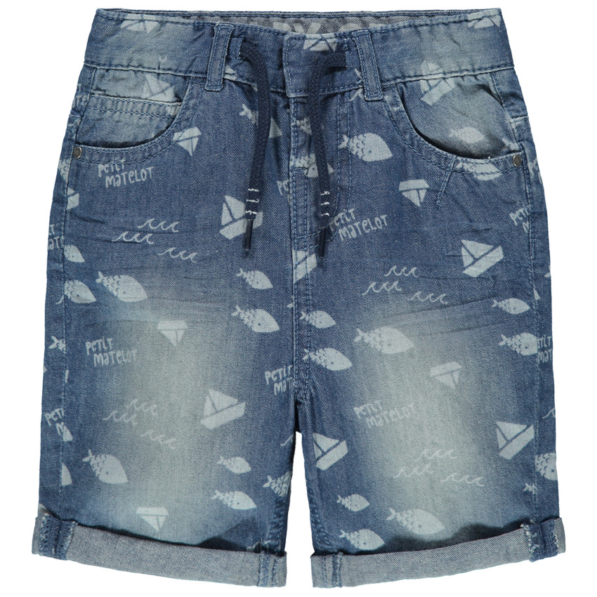 Bermuda en jean effet used à motifs poissons et bateaux all-over 