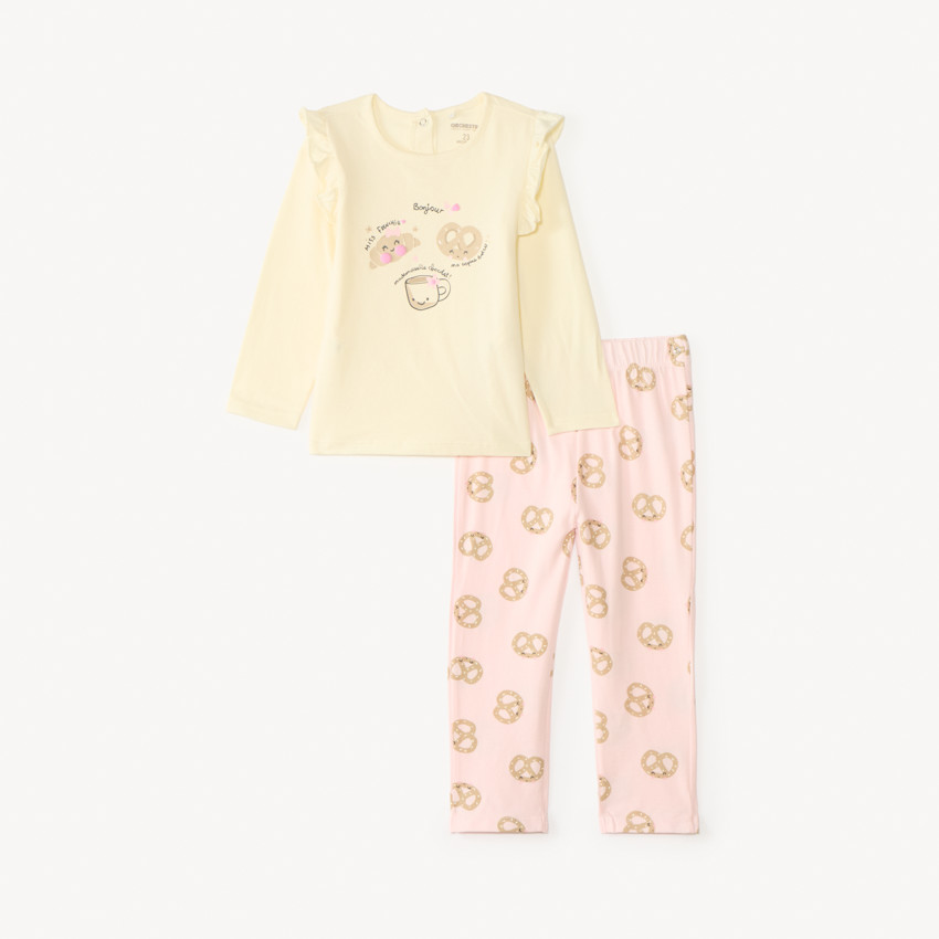Set van 2 onderdelen pyjama t-shirt + broek met ontbijtmotief voor baby meisjes, met verschillende afwerkingen afhankelijk van de leeftijd. 
