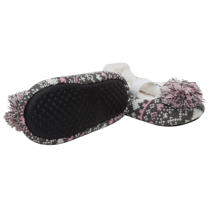 Lage pantoffels van tricot met pompon en voering van sherpa 