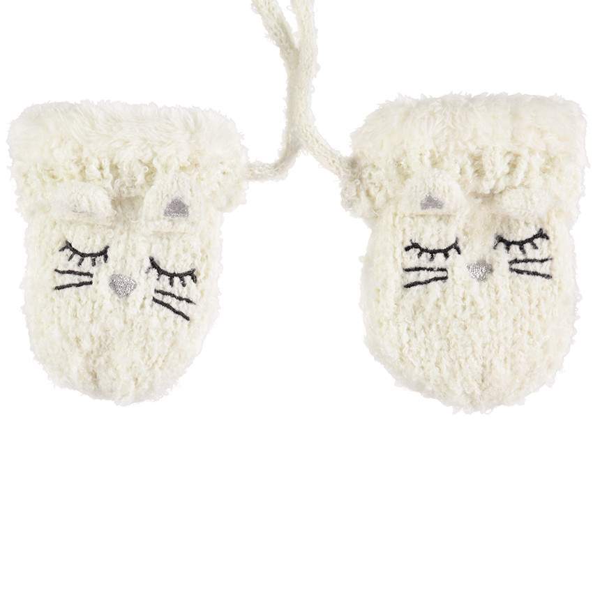 Moufles en tricot doux écru avec oreilles en relief et détails brodés 