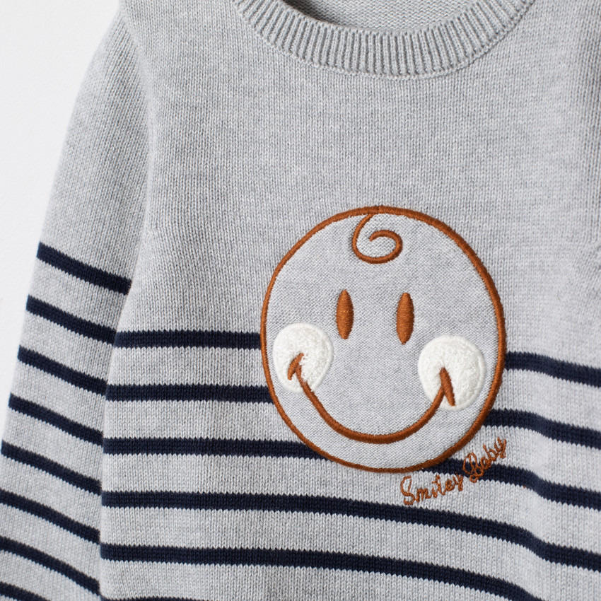 Trui in gestreept tricot met geborduurde Smiley Baby voor babyjongens. 