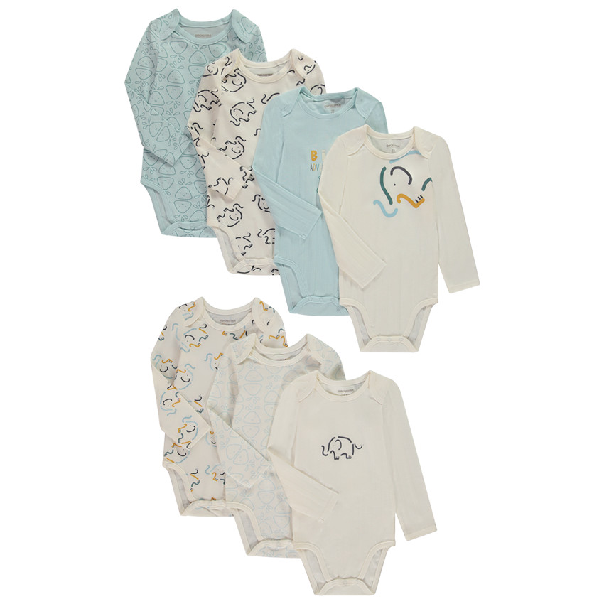 Lot de 7 bodies manches longues Éléphants pour bébé garçon avec ouvertures différentes selon l'âge 