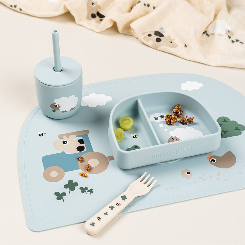 Set van 2 drinkbekers met rietje in silicone Tiny Farm Blauw 