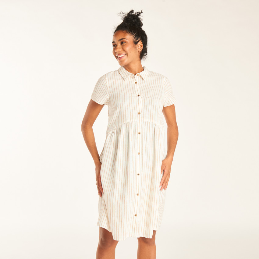 Robe chemise manches courtes en toile à rayures pour femme enceinte 