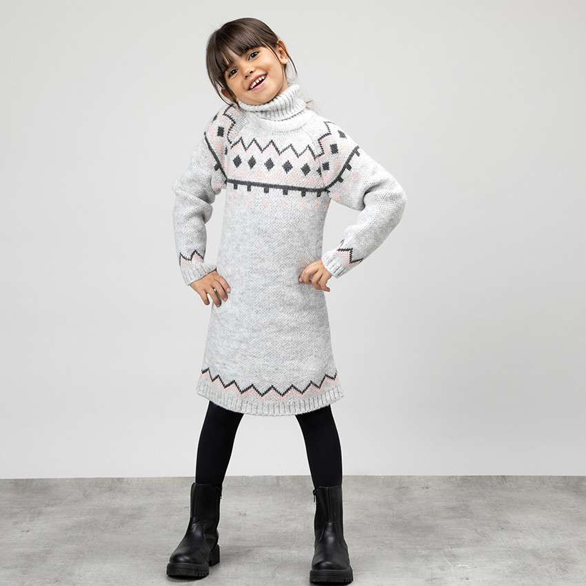 Robe manches longues en tricot à motifs jacquard pour enfant fille 