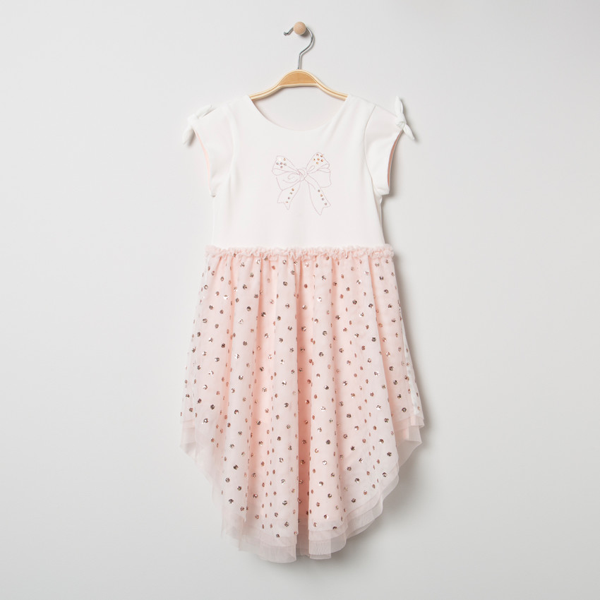 Robe de cérémonie bi-matière en tulle à pois pailletés 