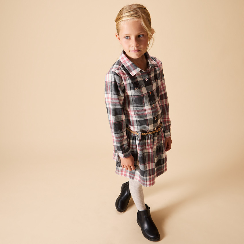 Robe chemise manches longues ceinturée à carreaux pour fille 