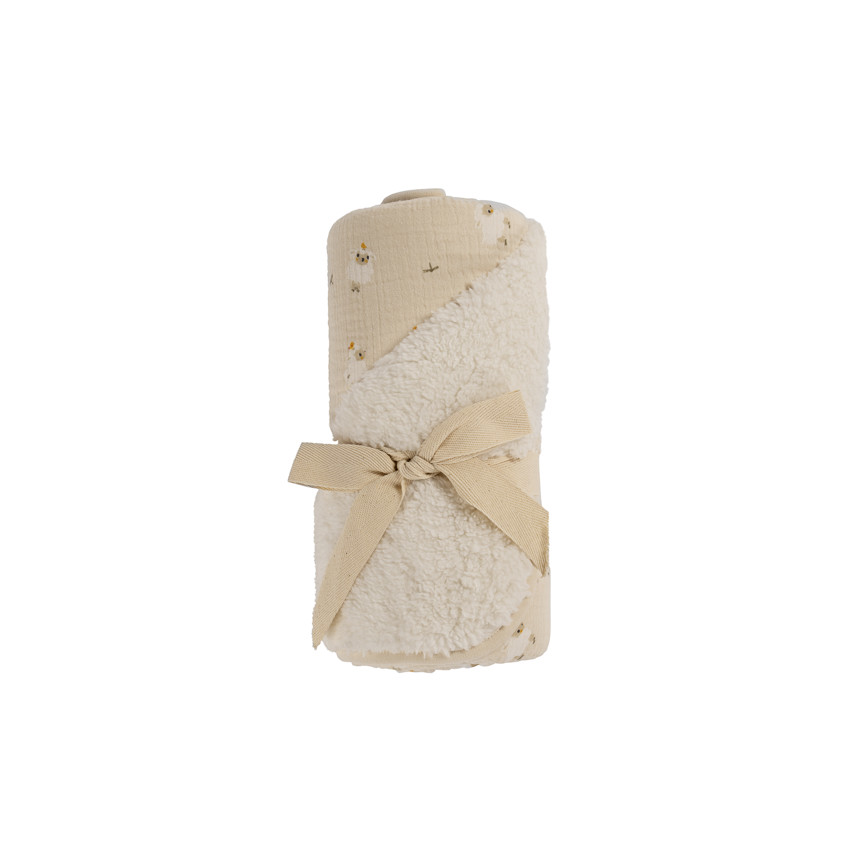 Couverture bi-matière 80 x 80 cm imprimé moutons La Vie à la Ferme beige 