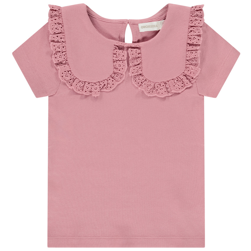 T-shirt manches courtes côtelé à col claudine brodé pour fille 