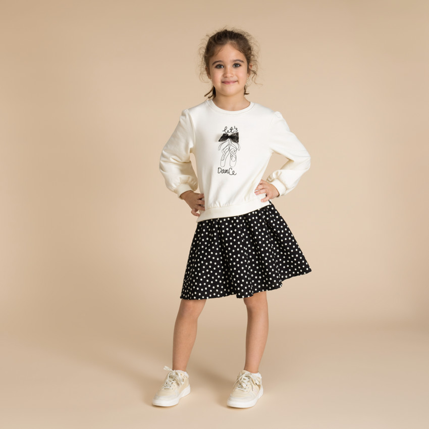 Robe manches longues bi-matière effet 2 en 1 à pois pour fille 