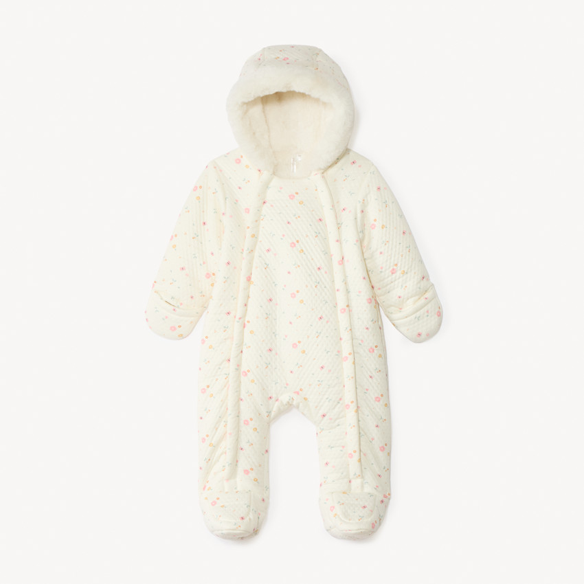 Gewatteerd pilotenpak met bloemenprint voor babymeisje met verschillende afwerkingen per leeftijdsperiode 