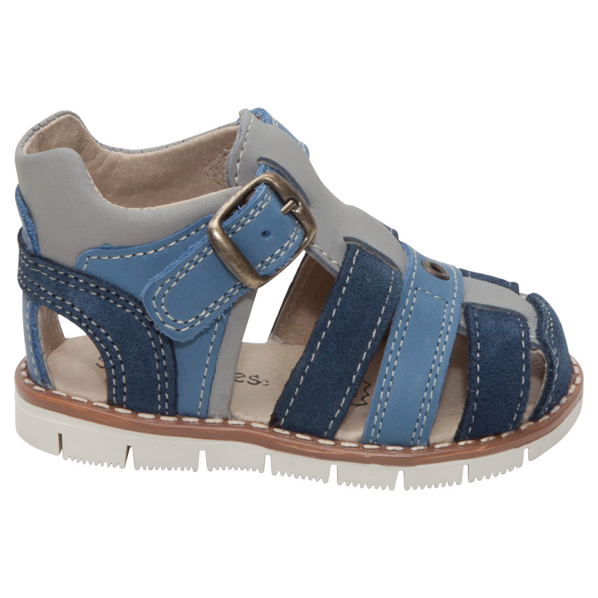 Blootvoets in leder met contrasterende banden 