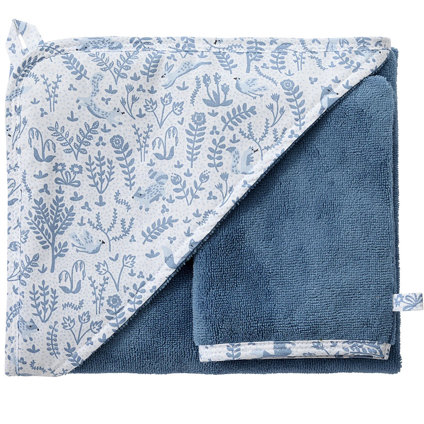 Cape de bain + gant de toilette Forest enchantée Blanc/Bleu 