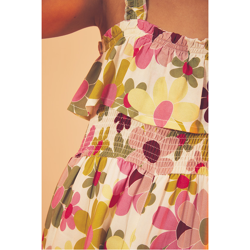 Combinaison longue volantée à smock imprimé fleurs pour fille 
