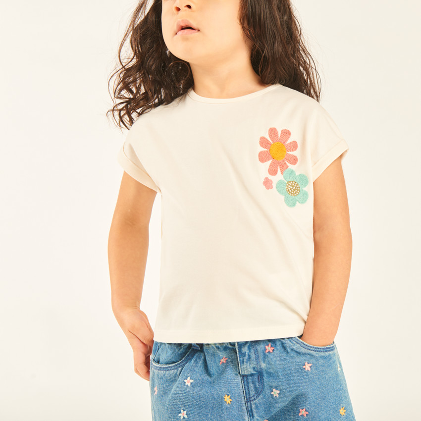 T-shirt manches courtes à revers avec fleurs en crochet pour bébé fille 