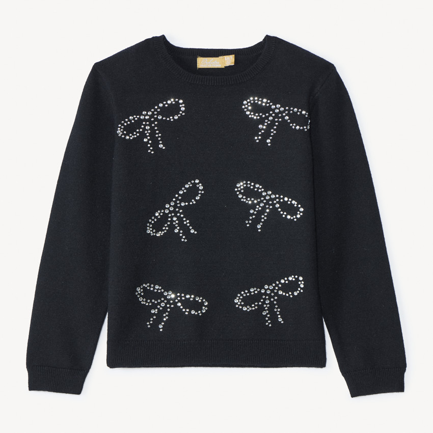 Pull tricot noir avec strass en forme de nœuds pour fille  