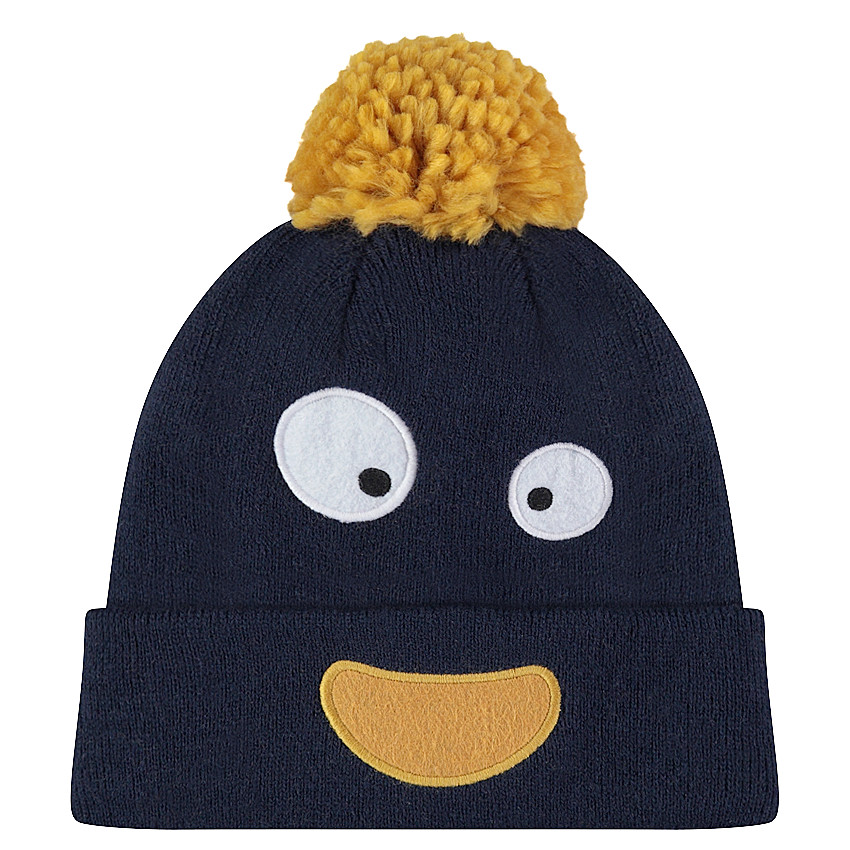 Bonnet en tricot avec pompon jaune et yeux patchés 