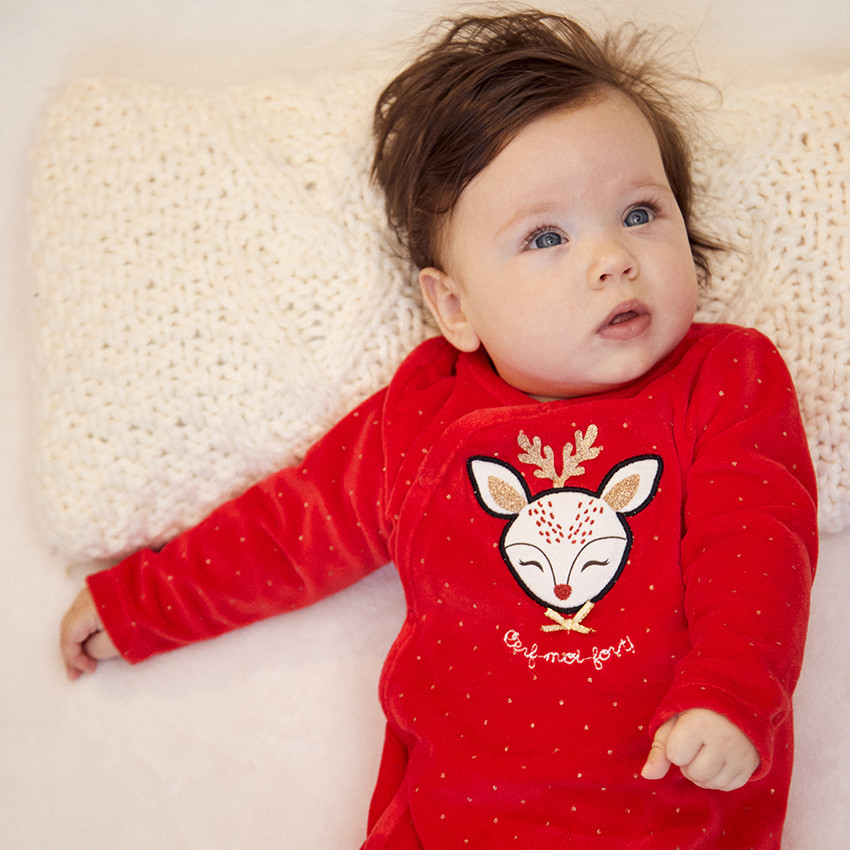 Dors-bien en velours avec patch brodé cerf et imprimé pois pour bébé fille 
