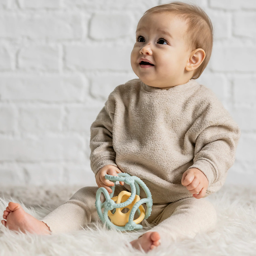 Anneau de dentition - Set 2 balles emboitables - Silicone - Vert pastel/jaune 