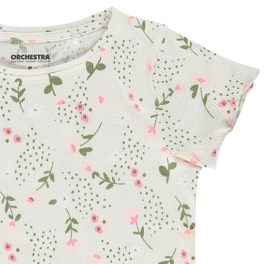 T-shirt manches courtes en jersey côtelé imprimé fleuri pour fille 