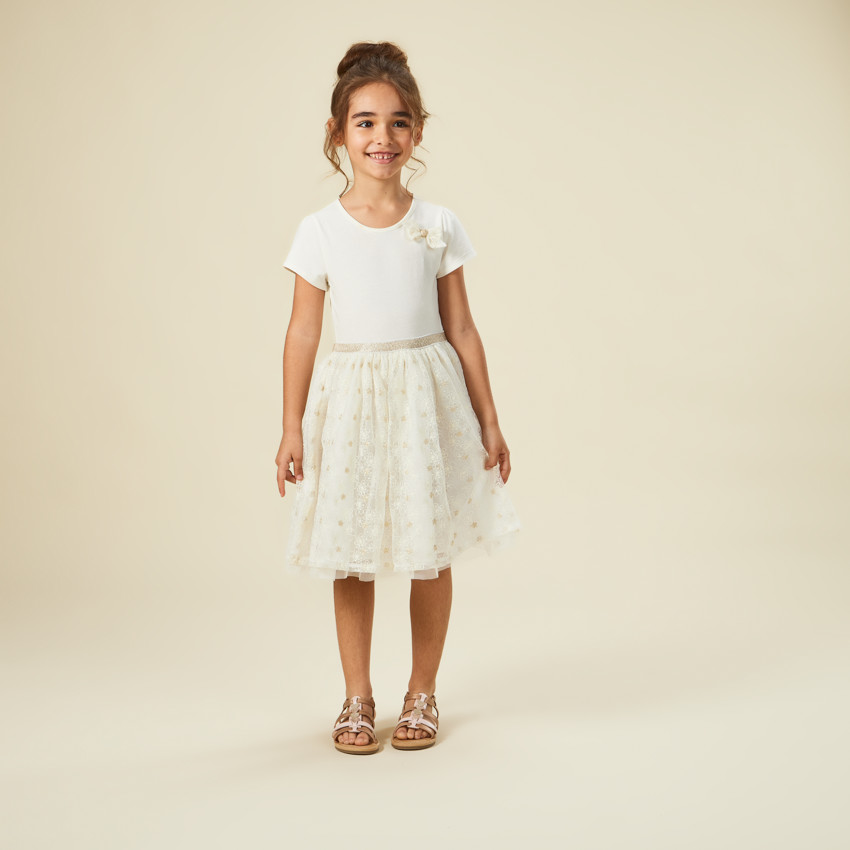 Ceremoniejurk met korte mouwen 2-in-1 effect in geborduurde tule voor meisjes 