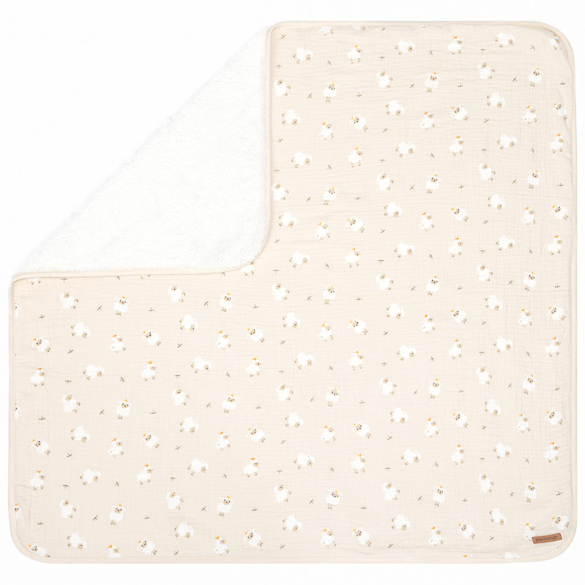 Couverture bi-matière 80 x 80 cm imprimé moutons La Vie à la Ferme beige 