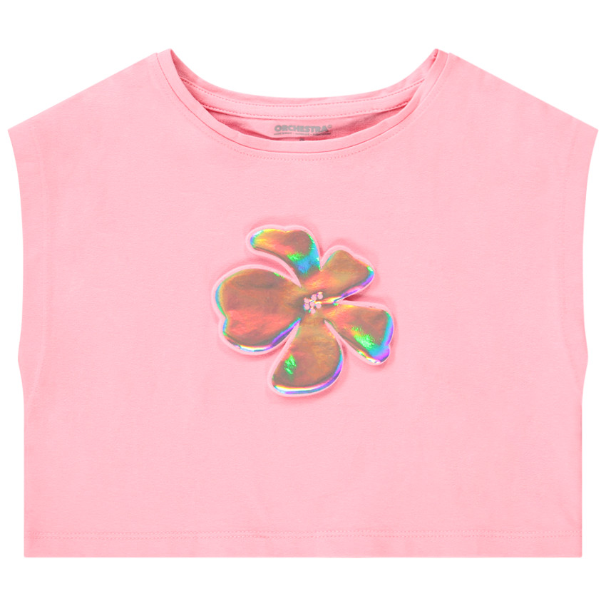T-shirt manches courtes forme boîte print fleur embossed pour fille 