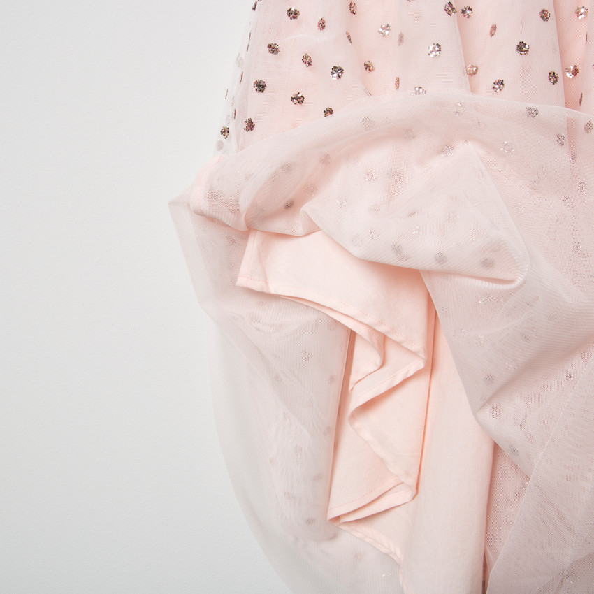 Robe de cérémonie bi-matière en tulle à pois pailletés 