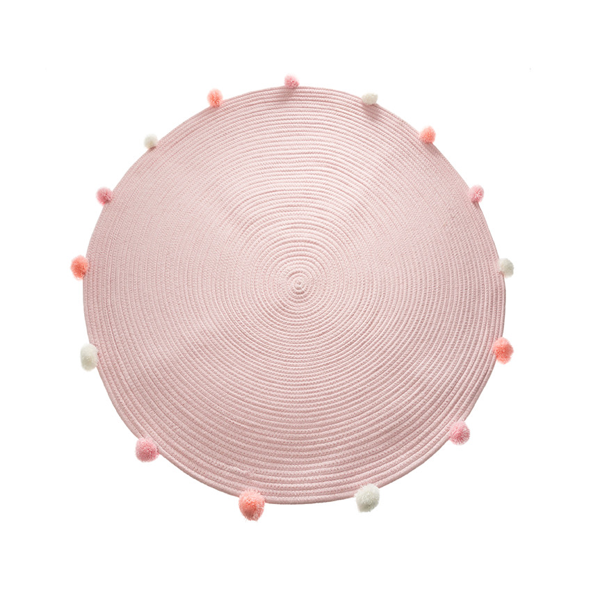 Tapis de chambre rond à gros pompons - Rose  