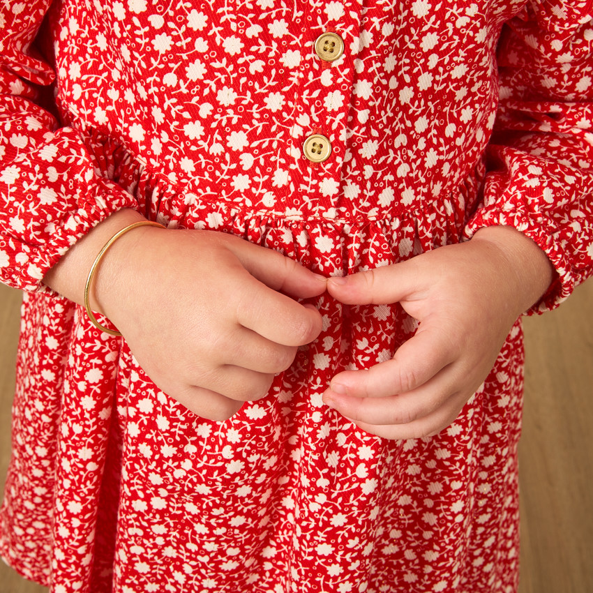 Robe manches longues rouge avec fleurs imprimés pour bébé fille 