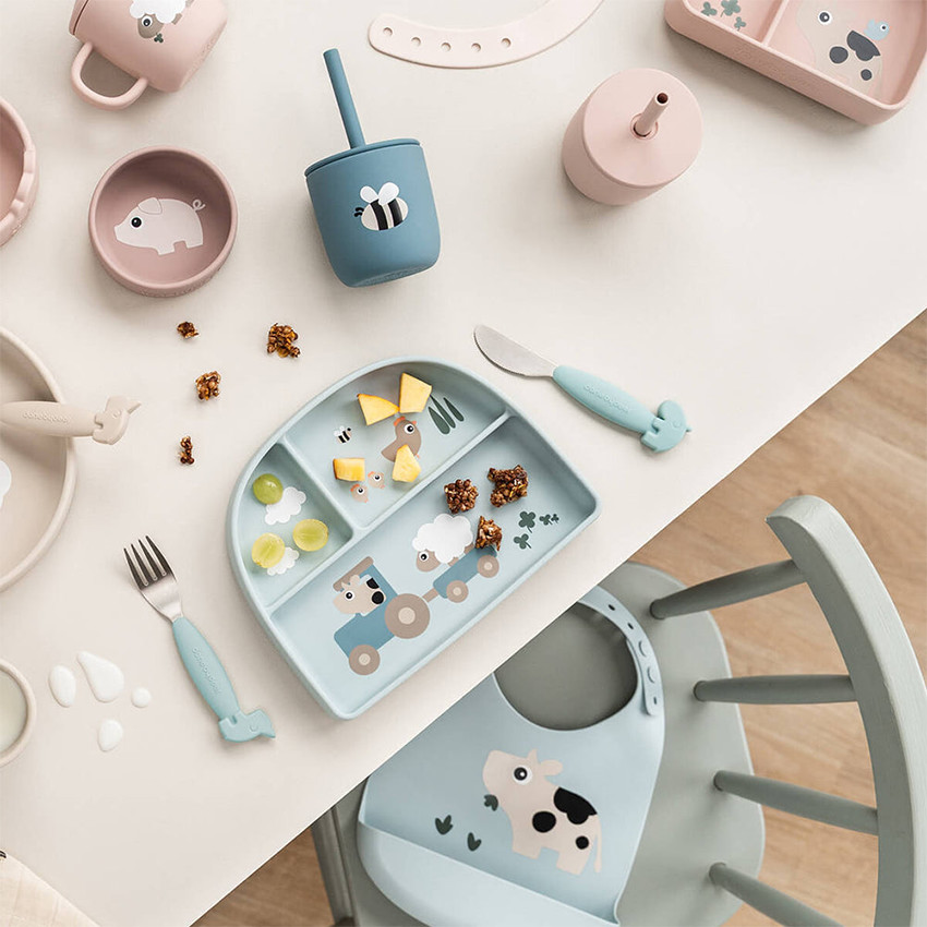 Set van 2 drinkbekers met rietje in silicone Tiny Farm Blauw 